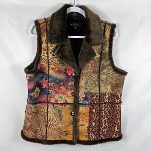 Weavz Faux Suede Vest Women's Size Large Brown Beige Mixed Print Faux Fur Lining